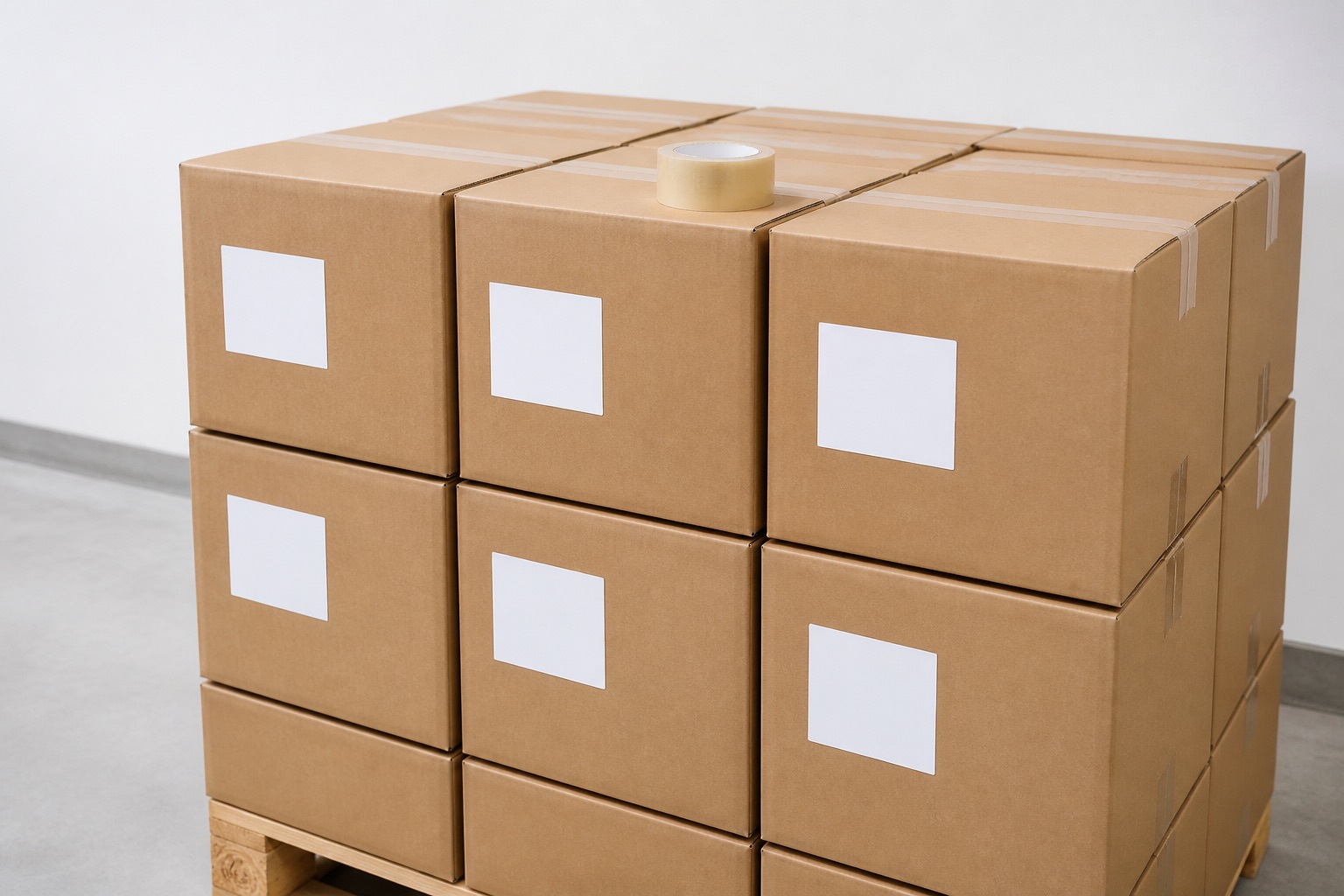 Stacked kraft shipping cartons prepared for export dispatch